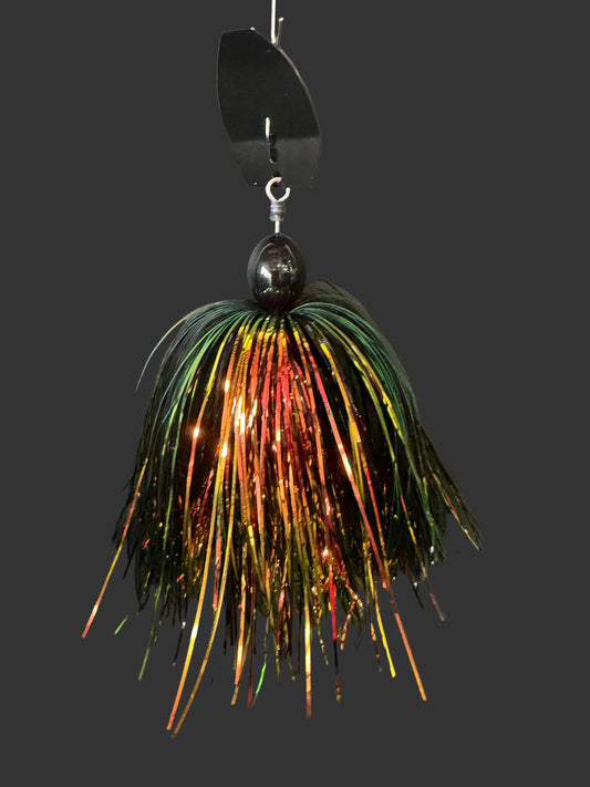 Muskie chatterbait fishing lure with a black blade and a green, orange and black skirt. available in 1oz-30z made by Lure-cifer Lures on Brantford Ontario, Canada