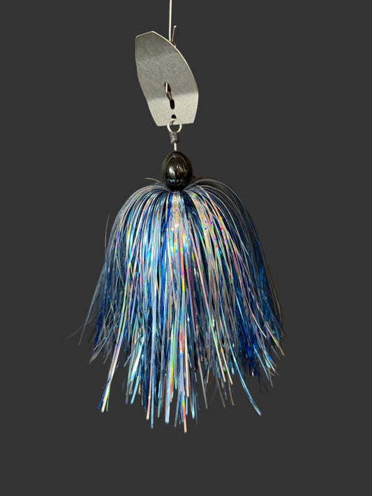 a heavy duty Muskie Chatterbait with a silver blade and a blue and silver skirt, offered in 1oz-3oz. Lure-cifer made in Brantford, Ontario Canada