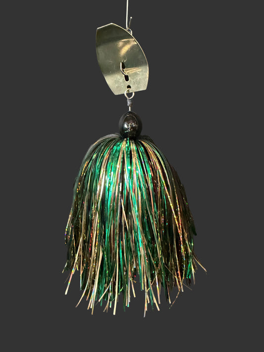 Muskie fishing lure with a Green, gold, and bronze skirt and a silver blade. Made by Lure-cifer in Brantford Ontario Canada