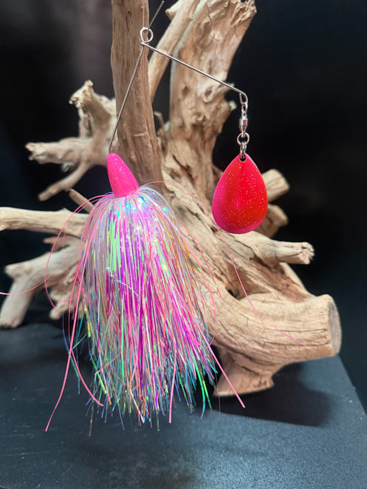 Pink and White Muskie Spinnerbait with a #8 Colorado Blade and a #9/0 replaceable hook