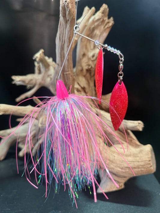 White and pink skirt on a Muskie Spinnerbait with dual pink #6 willow blades