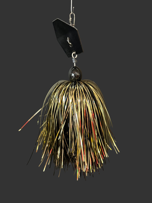 Muskie chatterbait fishing lure with a black blade and a gold and black skirt. made by Lure-cifer in Brantford Ontario Canada 