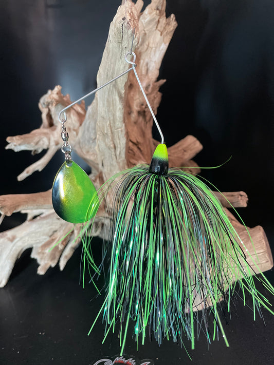 1 oz Black and chartreuse Muskie Spinnerbait Fishing lure.