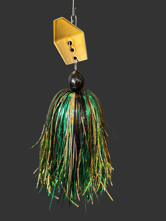 a heavy duty Muskie Chatterbait with a gold blade and a green, gold, and bronze skirt, offered in 1oz-3oz. Lure-cifer made in Brantford, Ontario Canada