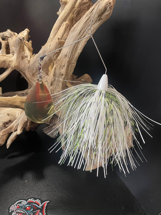 Increase your chances of catching big fish with our Muskie/Pike Spinnerbaits fishing lures. With a 1oz head and #10 blade, this bait will attract attention and the white, black, and chartreuse color combination makes it irresistible to muskie. Pro-Tec clear blades for durability and to prevent corrosion.