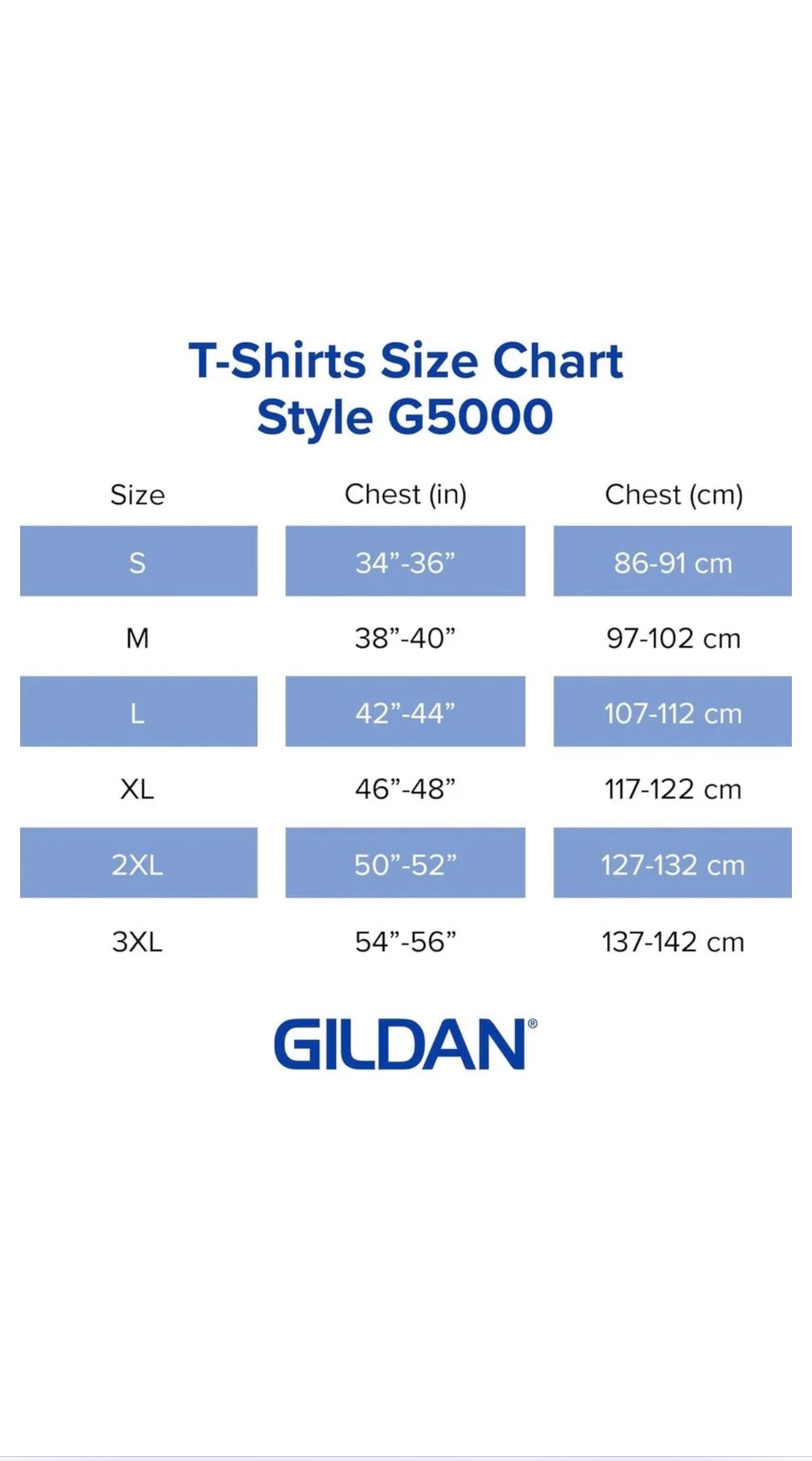 Gildan t-shirt size chart for style G5000 on a white background