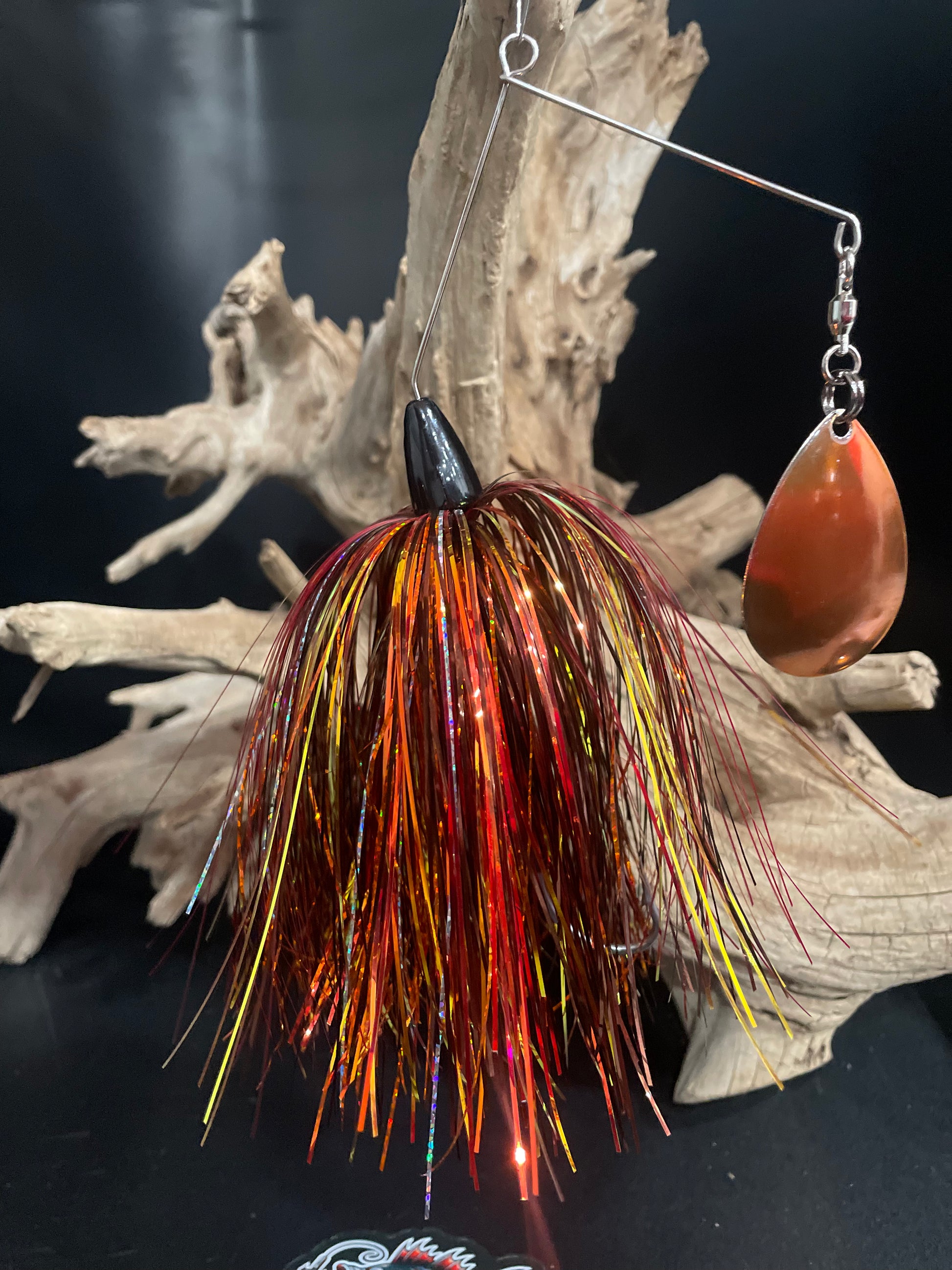 bronze, red, gold and orange Muskie/Pike 1 oz Spinnerbait fishing lure with a copper coloured blade