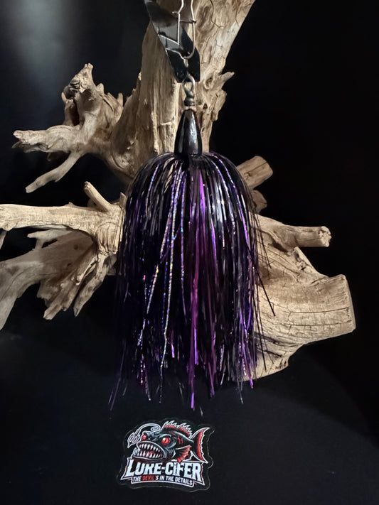 The Hellraiser is a 1 oz Purple and Black Muskie Chatterbait with a replaceable #9/0 hook. Designed to catch. Built to Last. Canadian Made in Brantford Ontario.