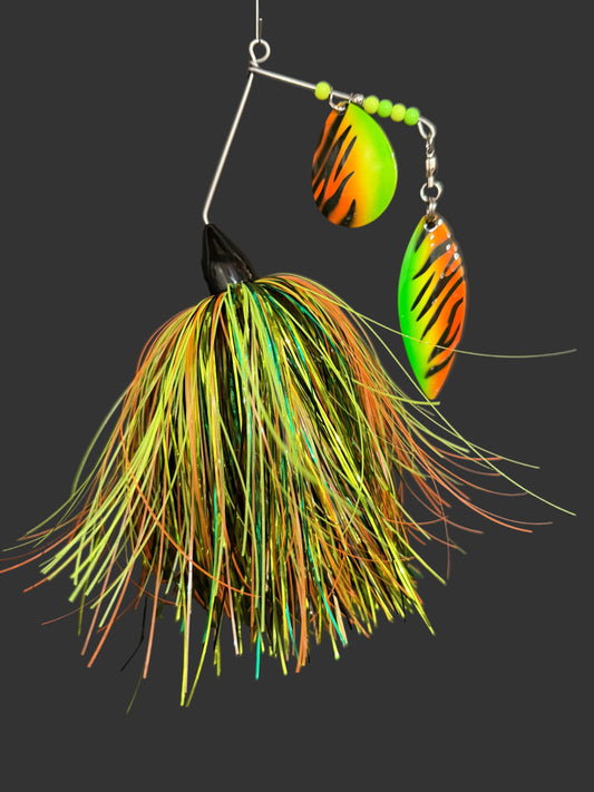 Firetiger colour and design Muskie/Pike Spinnerbait fishing lure made by Lure-cifer in Brantford, Ontario Canada