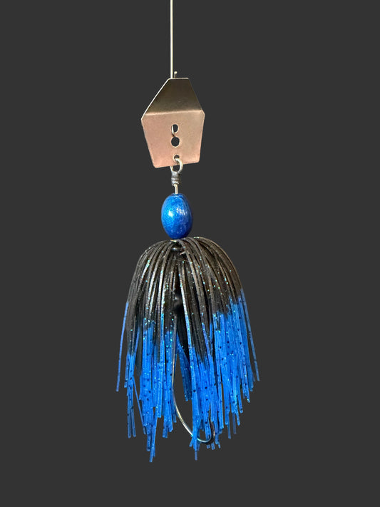 the 3/8 oz Black and Blue Bass Chatterbait fishing lure. Featuring a #4/0 hook and your choice of a Black or Silver Blade, this premium lure is designed for optimal performance and versatility. Improve your catch rate with Midnight Shade. Lure-cifer Brantford, Ontario Canada.
