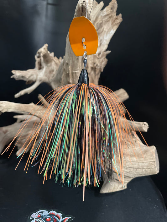 1oz orange, black, and silver Muskie/Pike chatterbait with an orange blade