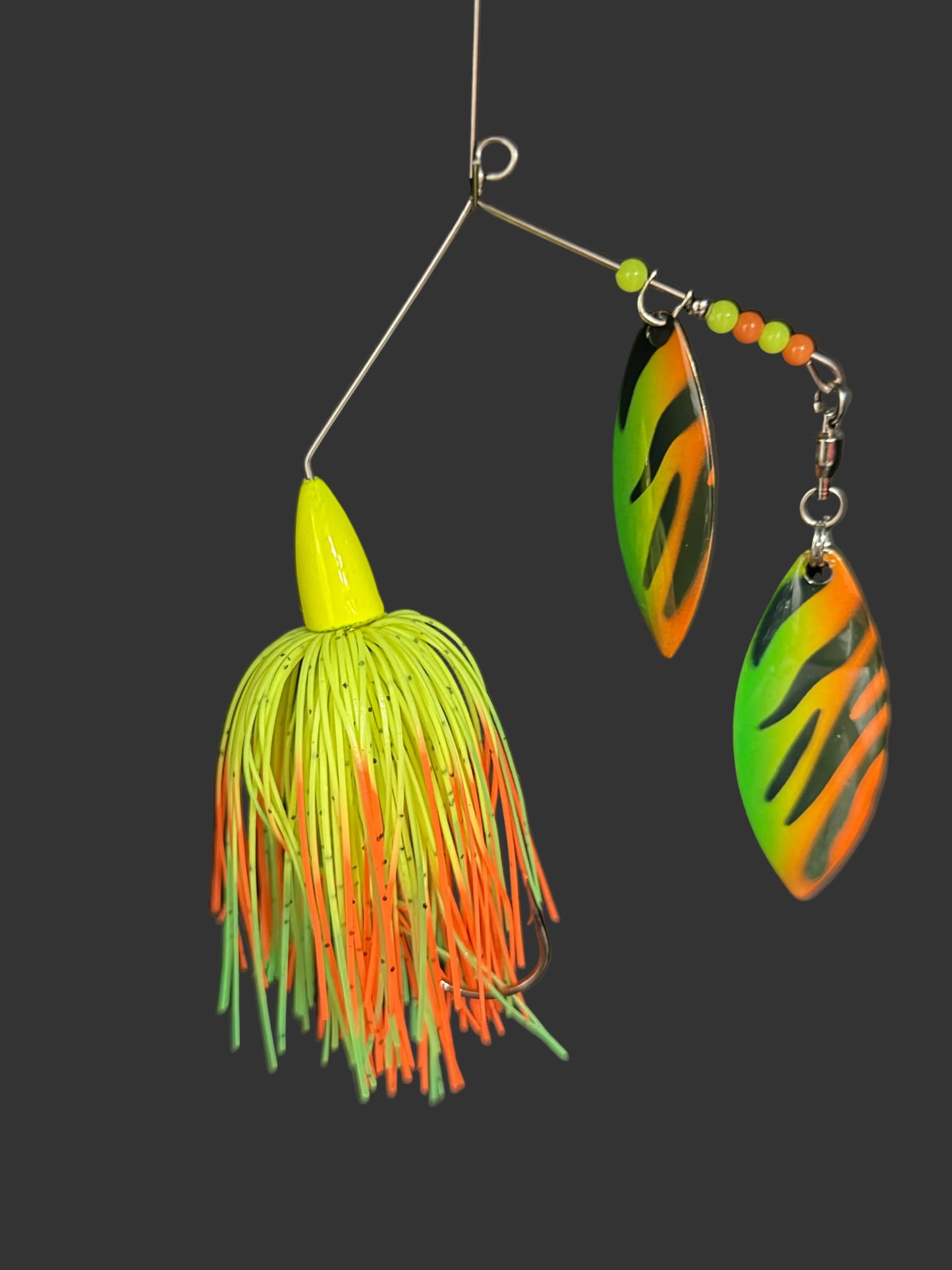 Bass Spinnerbait fishing lure with dual willow blades and a fire tiger design