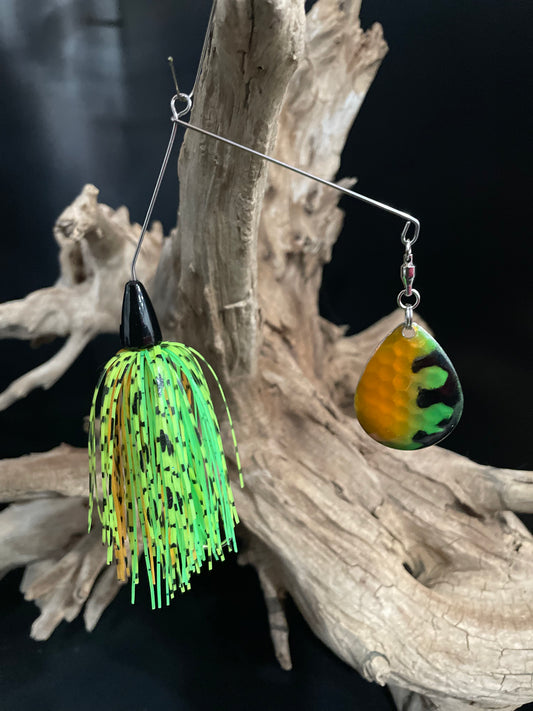 Orange, lime green and Chartreuse  3/8 oz spinnerbait with #5 Colorado Blade and a #3/0 hook. Built for visibility, strength, and serious strikes. Made to perform in all waters.