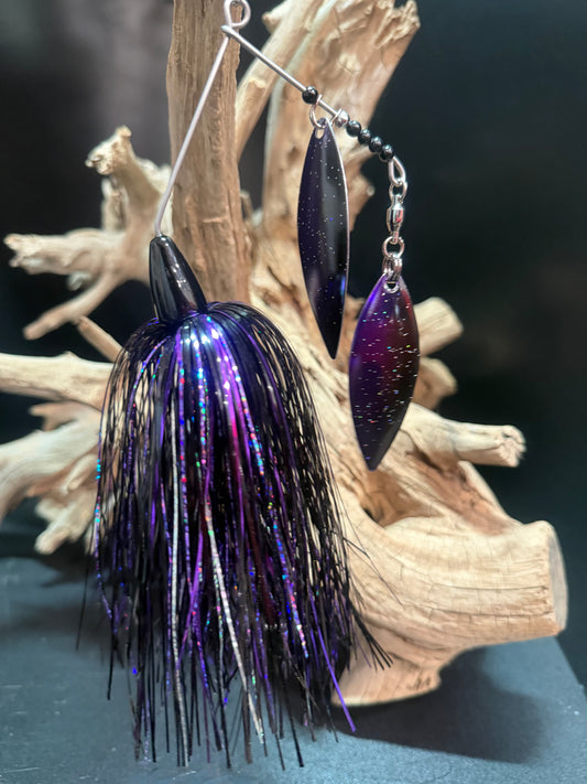 Muskie Spinnerbait with black and purple skirt with silver accent. dual #6 willow blades and a #9/0 hook