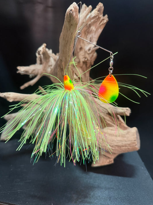 Muskie Spinnerbait with a line green, yellow, pink and orange skirt and blade