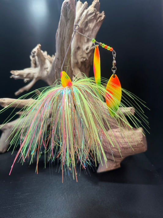Muskie Spinnerbait with a glow skirt that is pick, lime, orange, and yellow