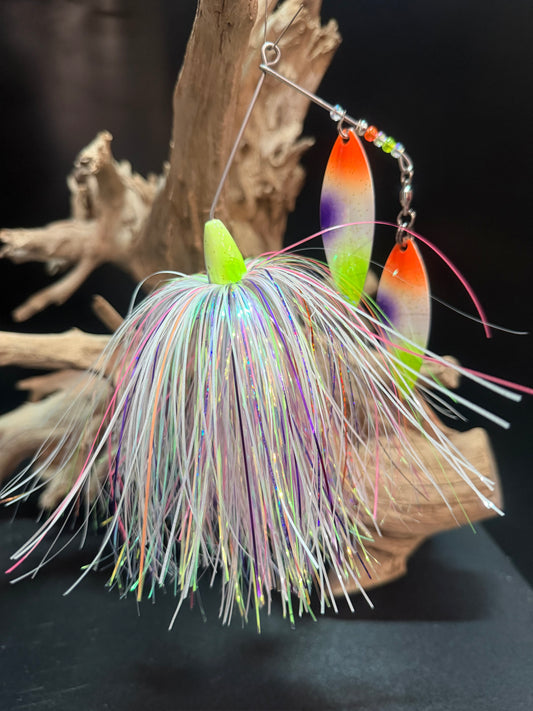 Muskie Spinnerbait with dual #6 willow blades and a white, orange, purple and chartreuse skirt and blades