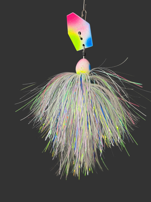 Muskie chatterbait with a white, blue, pink, and chartreuse blade and skirt. made by Lure-cifer in Brantford Ontario Canada