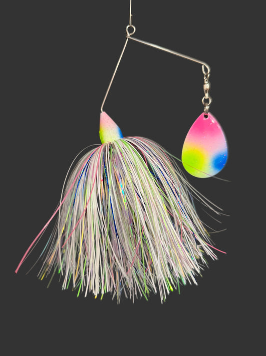 Wonder Bread is a Muskie/Pike Spinnerbait fishing lure with a white, pink, blue and chartreuse blade and skirt. Made by Lure-cifer